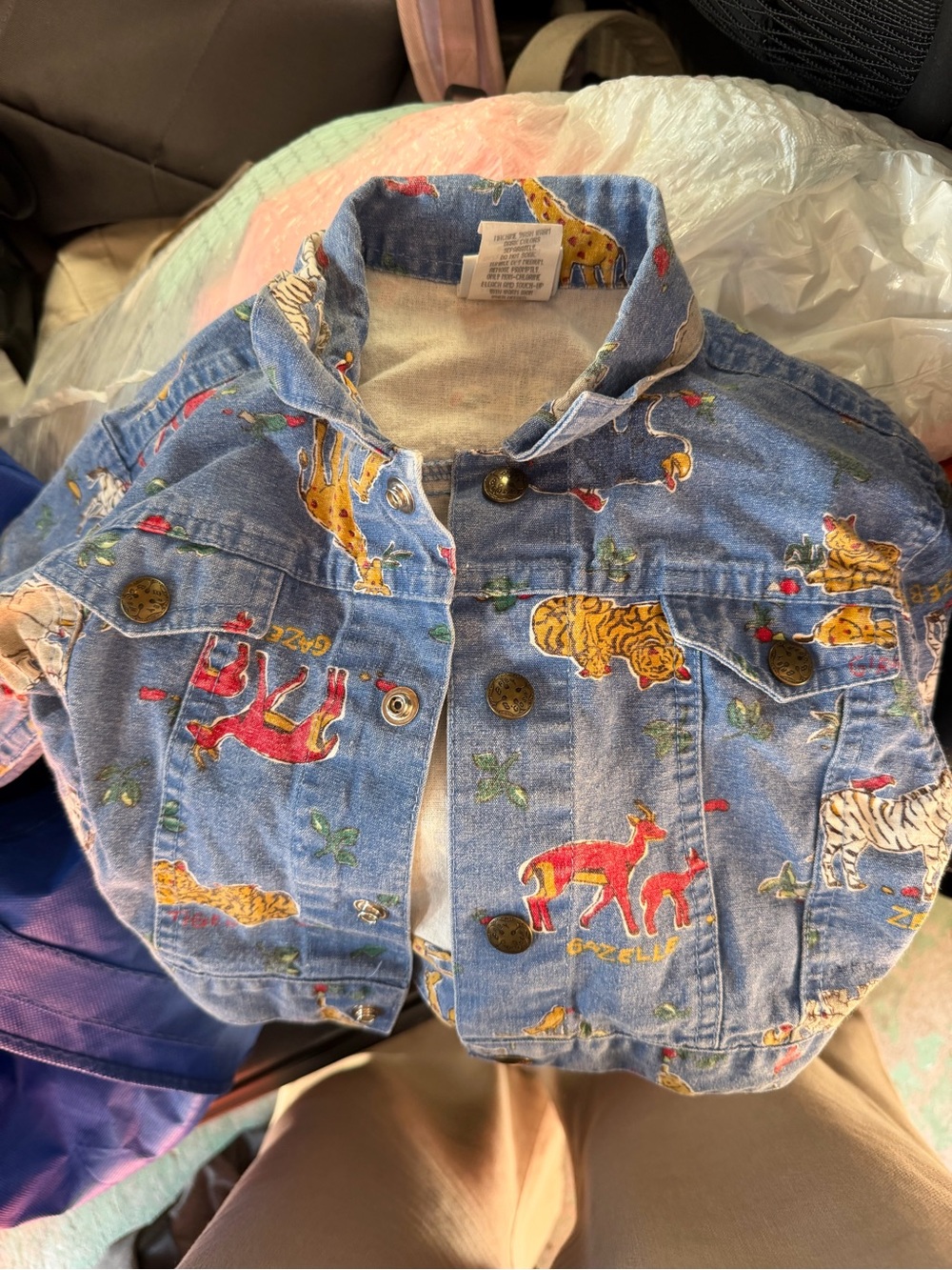 Vintage Kids Denim Jacket with Colorful Safari Animal Print - Blue